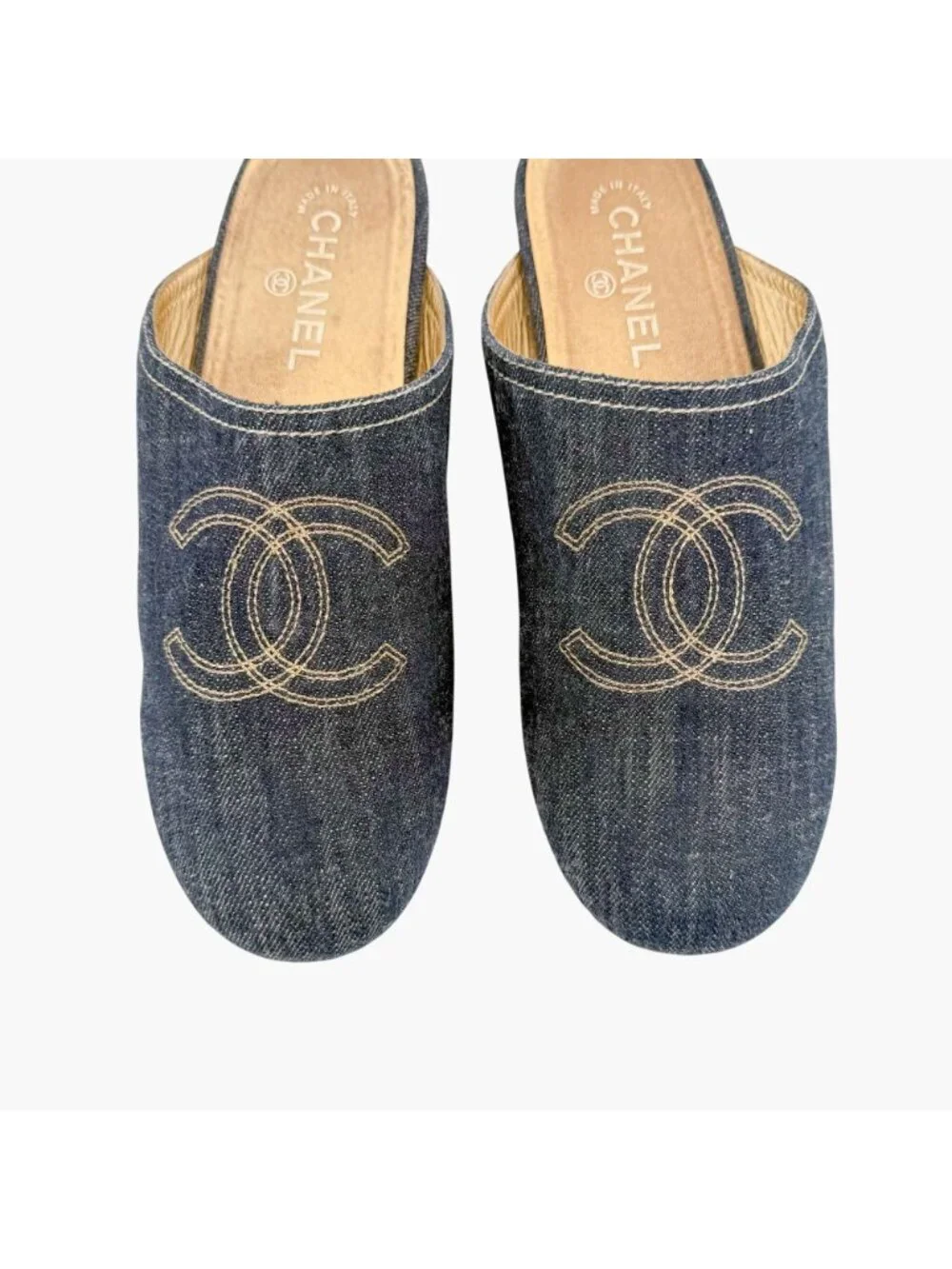 Chanel Denim CC Clogs Navy Blue Platform Mules Wooden Size 41 US 10-10.5 Women’s